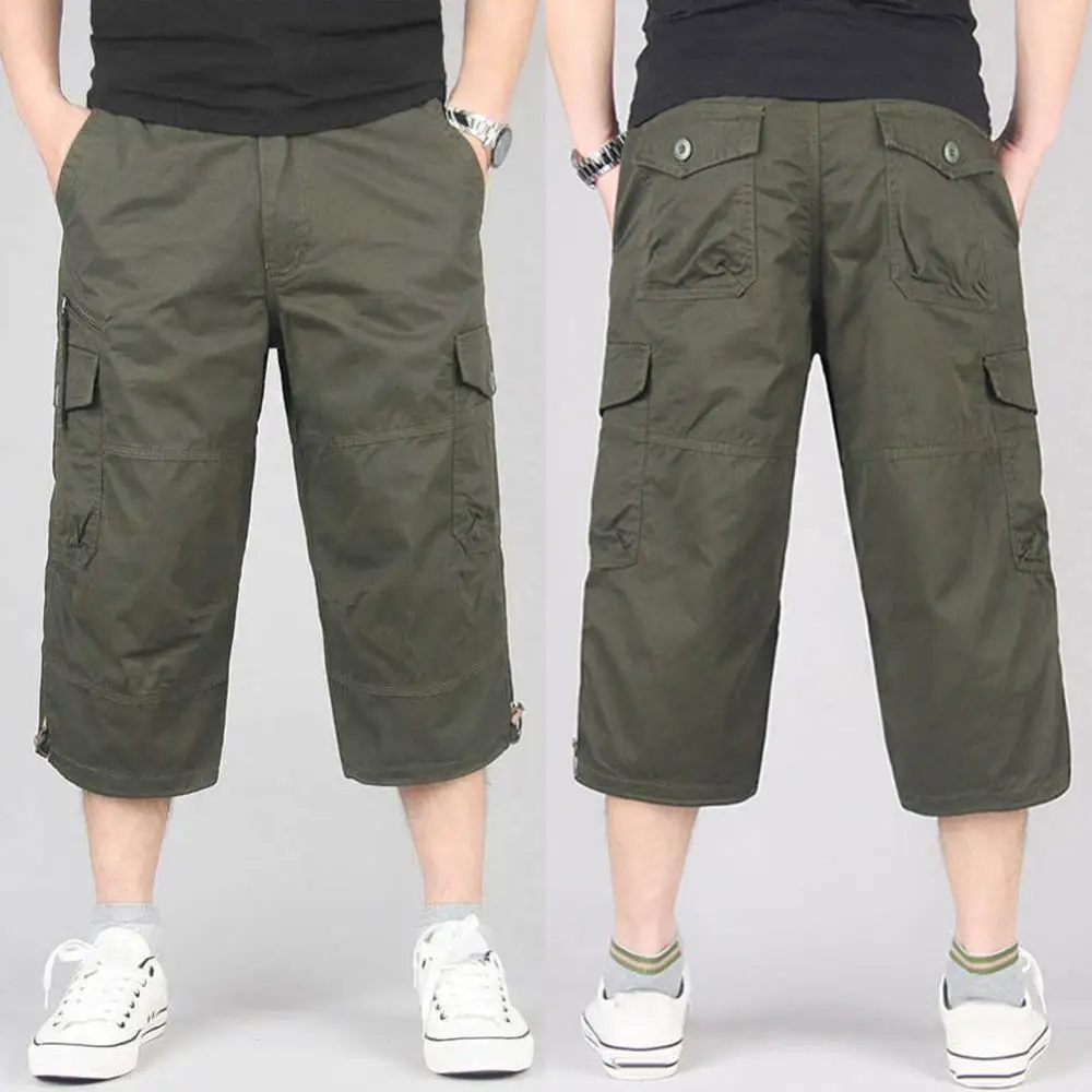 Summer Men\'s Casual Cotton Cargo Shorts Overalls Long Length Multi Pocket Hot breeches Military Pants Male Cropped Pants