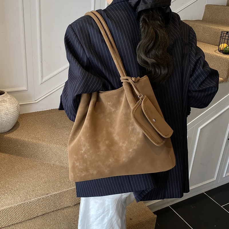 Fashion Faux Suede Solid Color Large Capacity Casual Shoulder Bags 2026 Brand Concise Retro Versatile Top-Handle Bags for Women