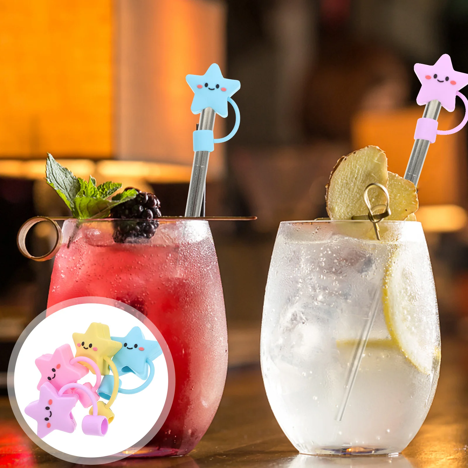 

4pcs Straw Tips Covers Reusable Silicone Small Caps For Straws Drinking Protection Star Shaped End Plugs Toppers Kitchen Bar