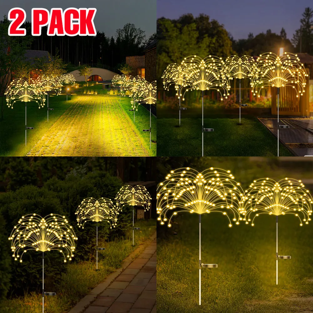 

2 упаковки светодиодных солнечных фейерверков, уличные водонепроницаемые рождественские украшения, садовая дорожка, газонная лампа с датчиком света, автоматическое включение/выключение