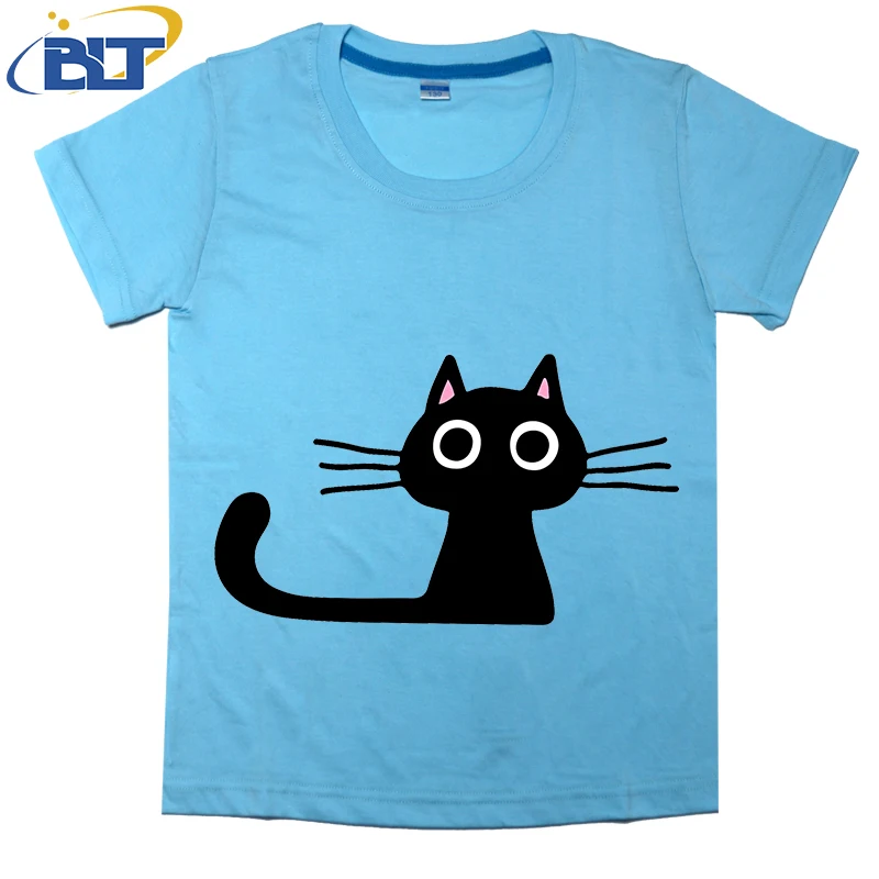 

Cutie Kitty Cat Wide Eyed Black Kitten Printed Kids T-shirt Summer Cotton Short Sleeve Casual Tops Suitable for Boys and Girls