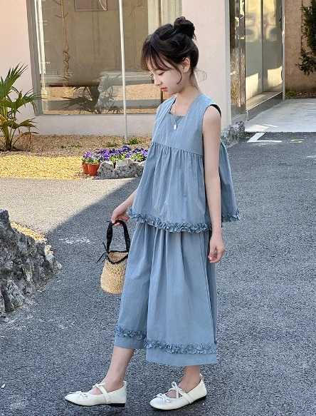 Girls Set 2025 Summer New Childrens Clothes Korean Style Baby Girl Sweet Sleeveless Lace Top Straight Leg Pants Two-piece