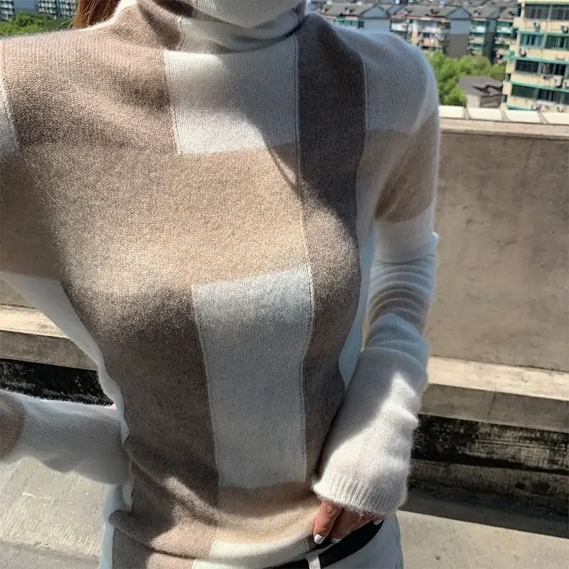 

New Cashmere Sweater Women's High-Neck Color Matching 100% Pure Wool Pullover Fashion Plus Size Warm Knitted Bottoming Shirt