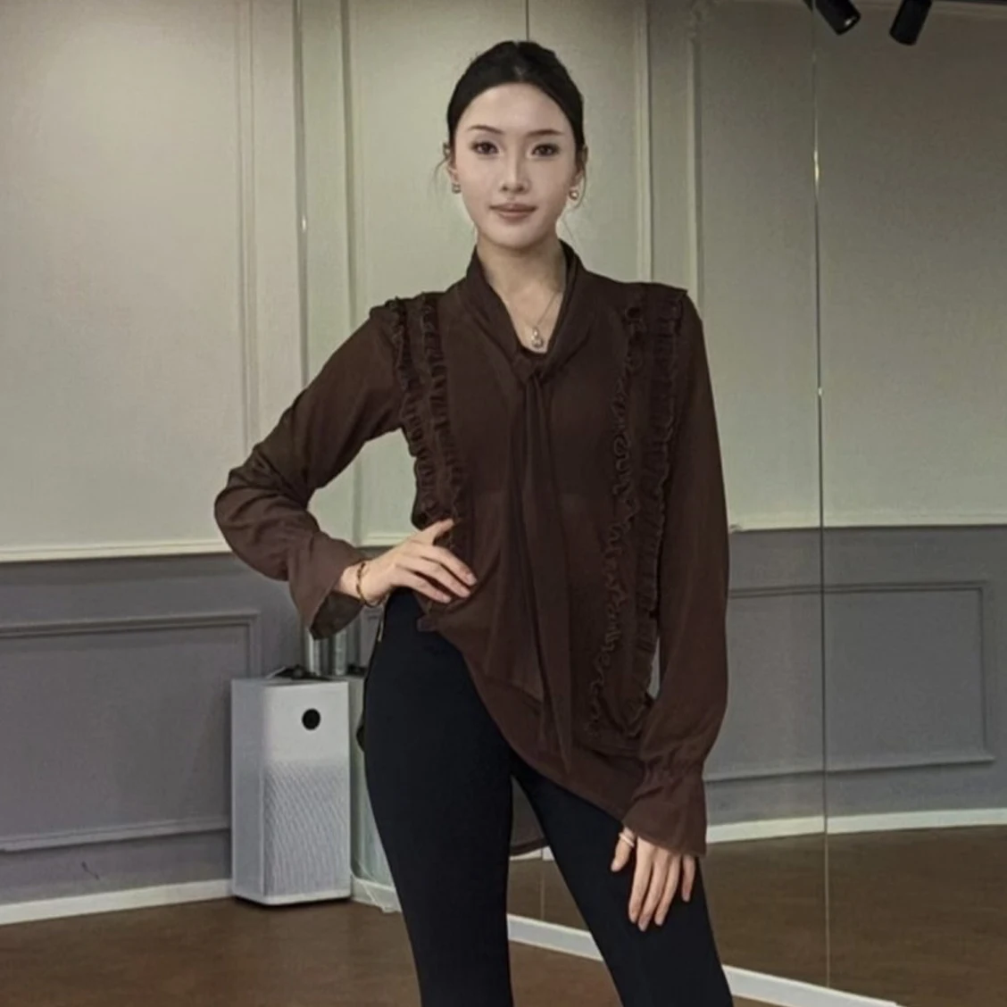 

Коричневые шифоновые топы для латинских танцев, женские сексуальные рубашки с длинными рукавами, одежда для тренировок для взрослых, одежда для танцев румба, ча-ча, сальса, DNV26164