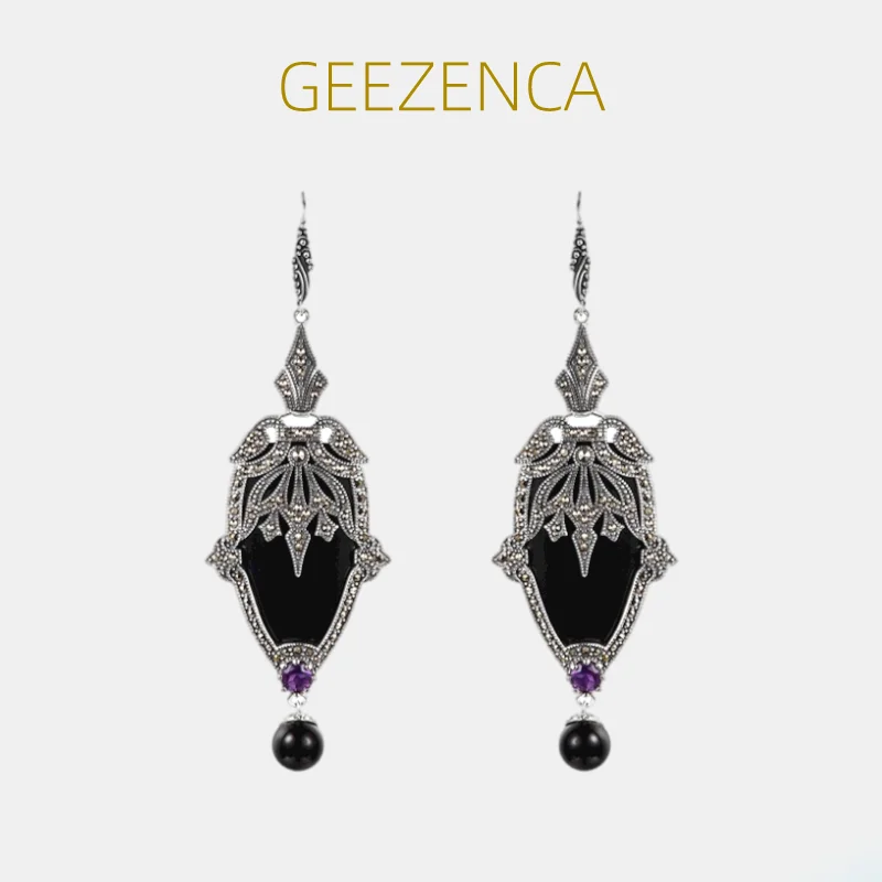 

GEEZENCA Luxury 925 Silver Black Agate Marcasite Long Dangle Earrings For Women 2023 New Bohemia Exaggerated Unusual Earring