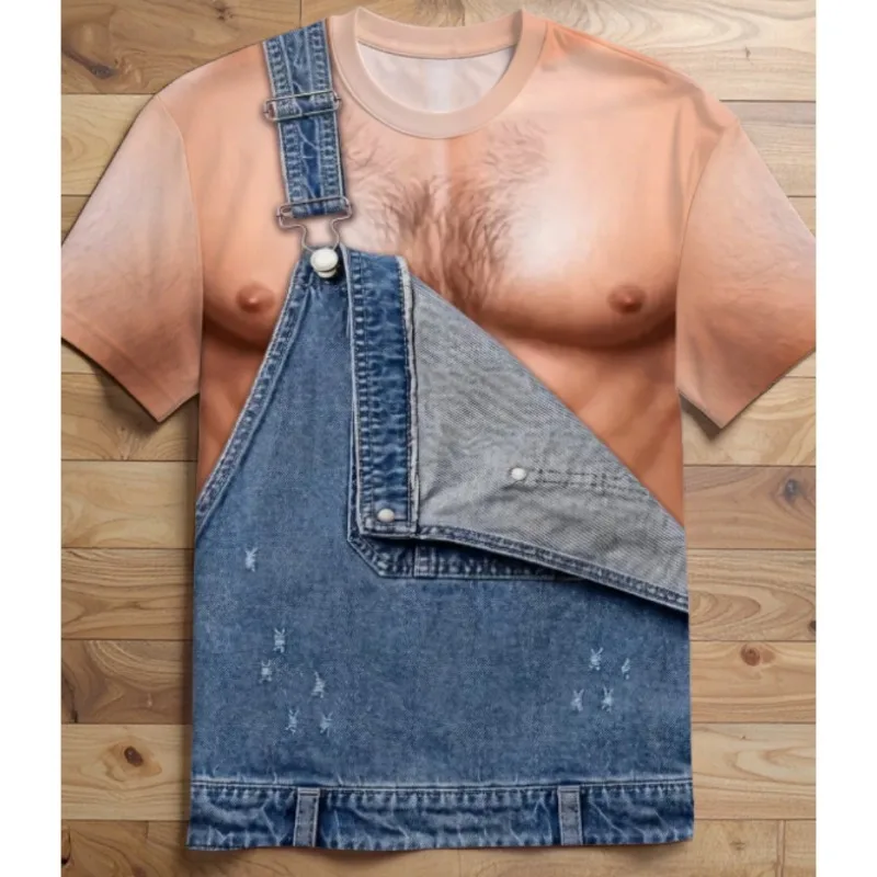 Mens Funny 3D Fake Denim Overalls Print Short Sleeve T-Shirt Crew Neck Novelty Casual Streetwear Camiseta Summer Humor Tees Tops