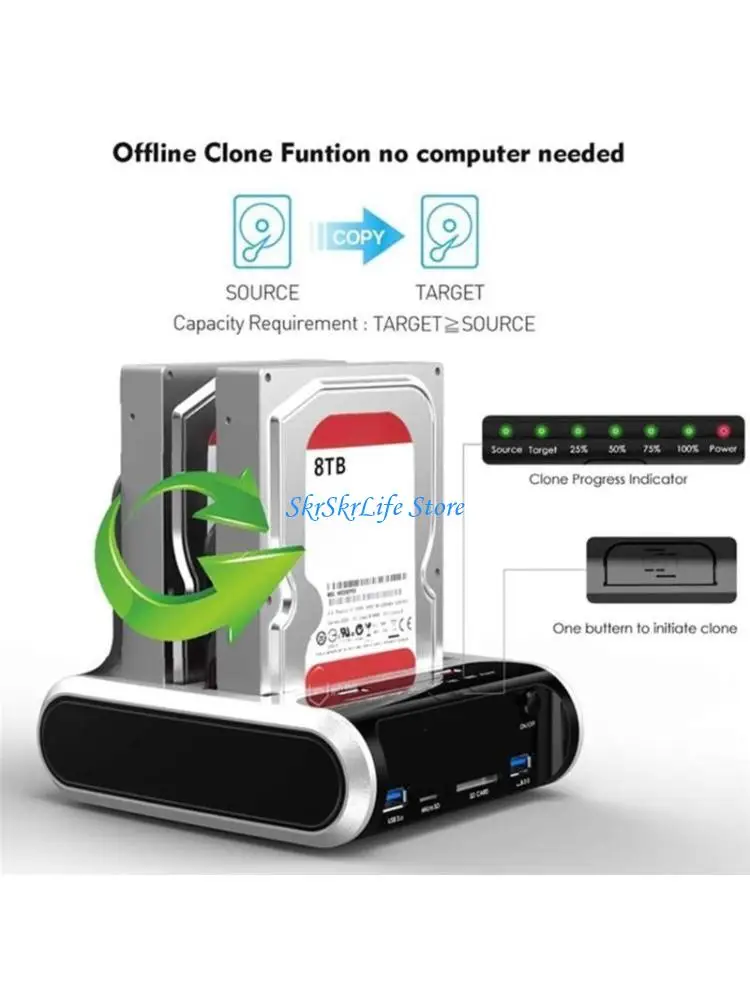 

E65E Hard Drive Docking Station to USB3.0 2 Bay Adapters for 2.5/3.5" SSD HDD Clones Enclosure