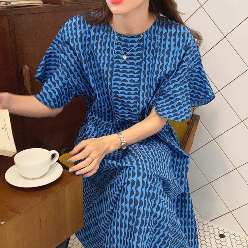 

Elegant round Neck Geometric Stripe Print Loose High Waist Puffy Sleeve Long Dress Women's Fashion Korean Sle Summer Dress S48