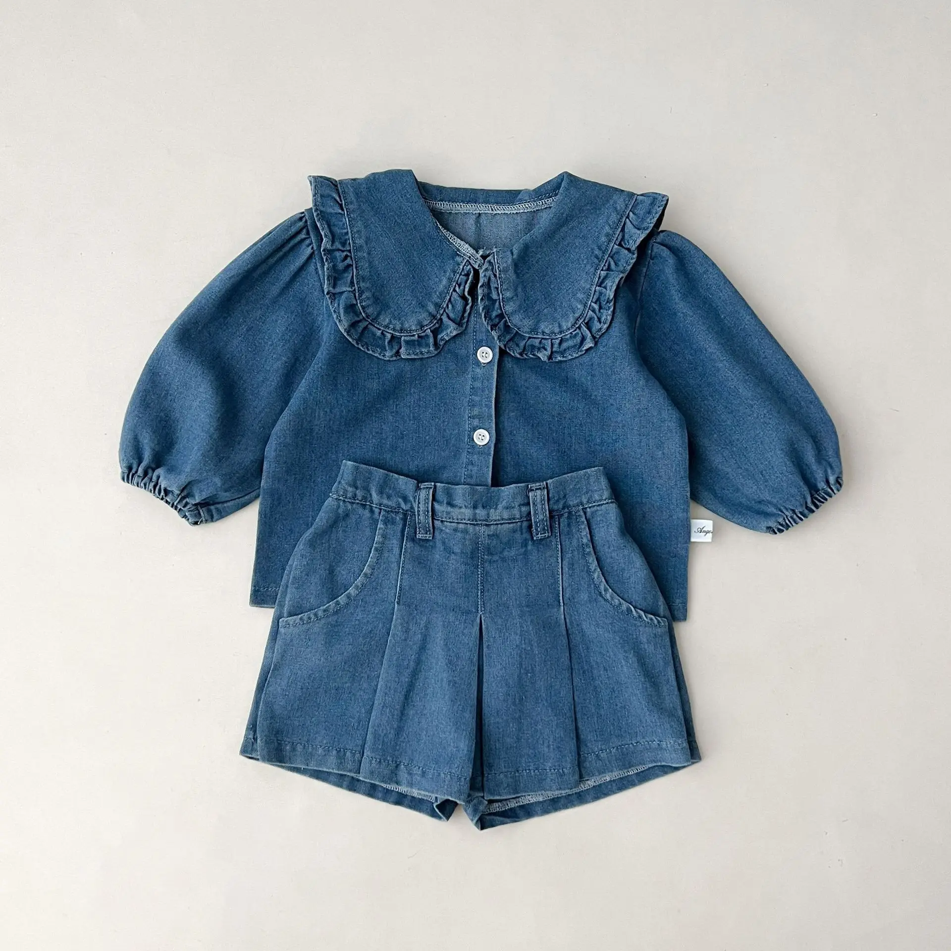 Solid Denim suit baby spring  autumn long-sleeved denim shirt jacket trousers two-piece baby boys girls Simple Casual 2PCS