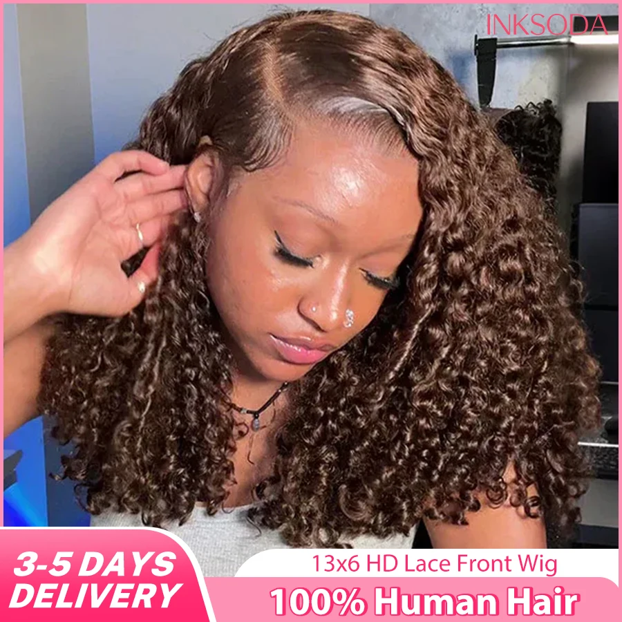 

Chocolate Brown Deep Wave 13x6 HD Lace Front Human Hair Wig Curly 30 36 Inch Water Wave 13x4 HD Lace Frontal Wig #4 Colored Wig