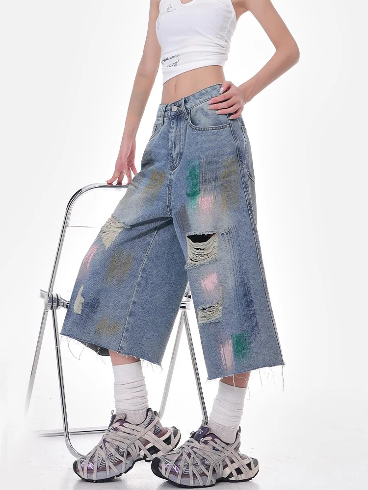 REDDACHiC Boyfriend Ripped Baggy Jeans Jorts Low Waisted Wide Leg Graffiti Frayed Bermuda Pants Hiphop Skater Women Streetwear