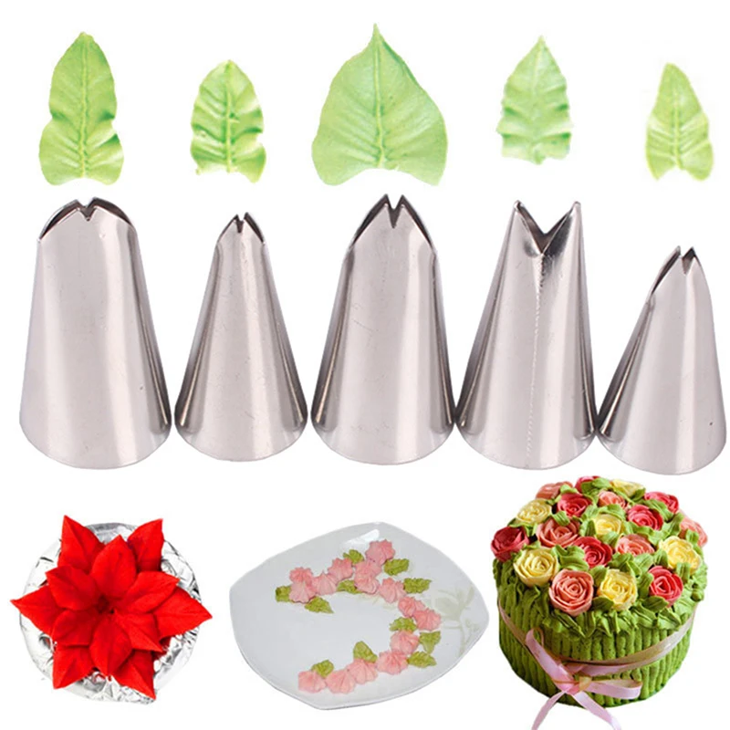 ● 5 Pcs Set Leaves Nozzles Stainless Icing Piping Pastry Tips For Cake Decorating