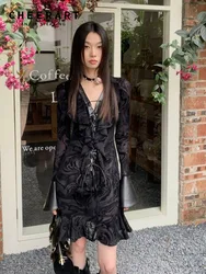 CHEERART Designer Bandage Ruffles Long Sleeve Short Dress For Women V Neck Flare Sleeve Black A Line Mini Dress Luxury