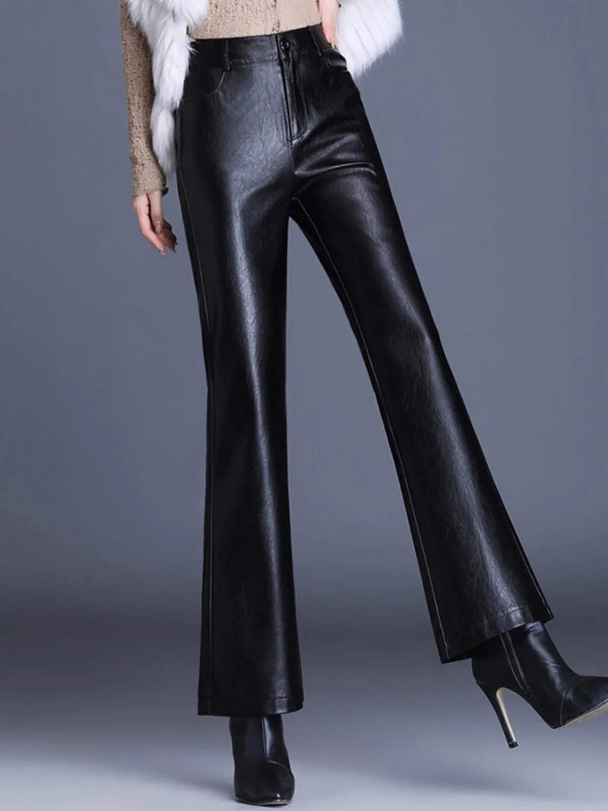 Spodnie damskie z wysokim stanem, szerokie nogawki, casualowe, ze skóry PU, długie spodnie na jesień i zimę, proste spodnie.