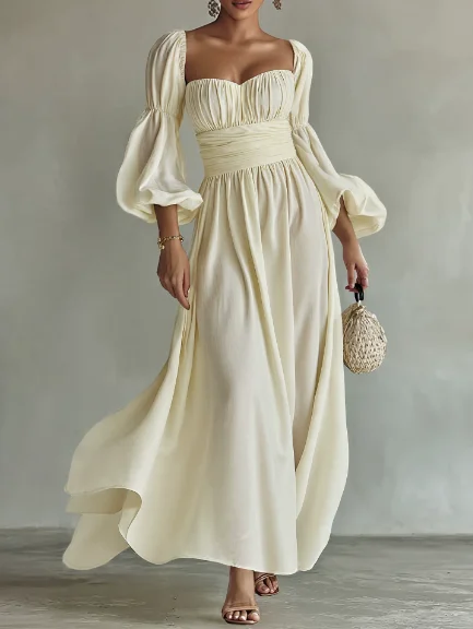 

Women Dress 2026 Spring Summer New Solid Color Square Collar Long Sleeve Cinched Waist Shirred Back Casual Long Dress