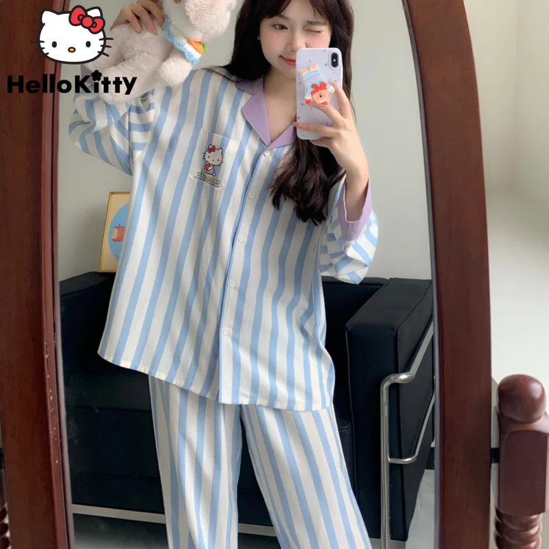 Sanrio Hello Kitty Cute Sweet Y2k Girl Striped Sleepwear Women Spring Autumn New Loose Pajamas Korean Style Trend Home Suit Set