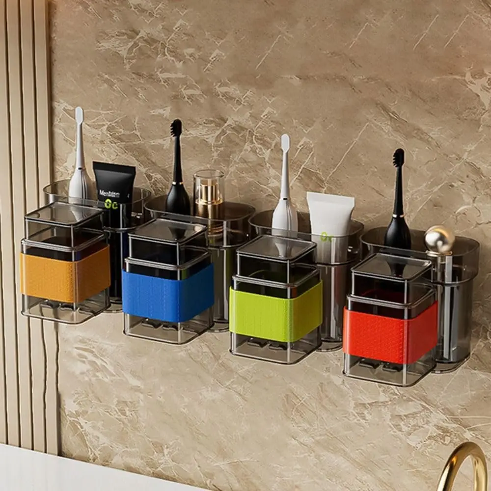 Wall Mount Toothbrush Holder with Rinsing Cup, Plastic Bathroom Toothpaste Holder,Tooth Brushing Cups Rack Bathroom Accessories