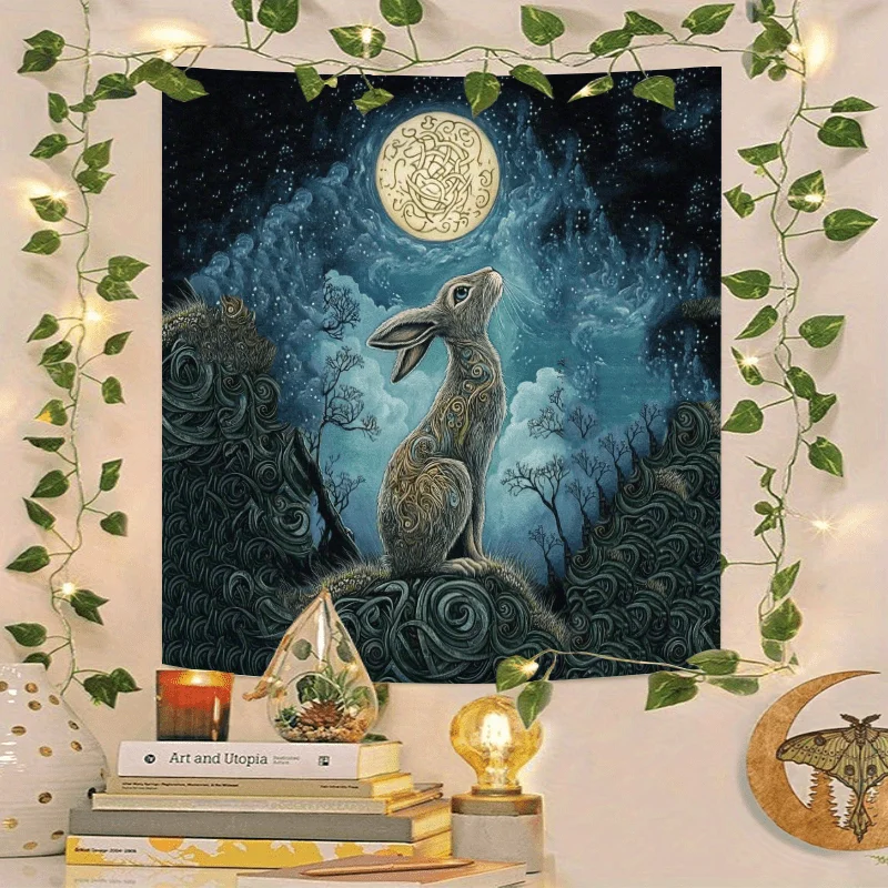 1pc Enchanted Moonlit Hare Tablecloth, Mystical Astrology & Cards, Celestial Animal Square Table Cover Spiritual Divination