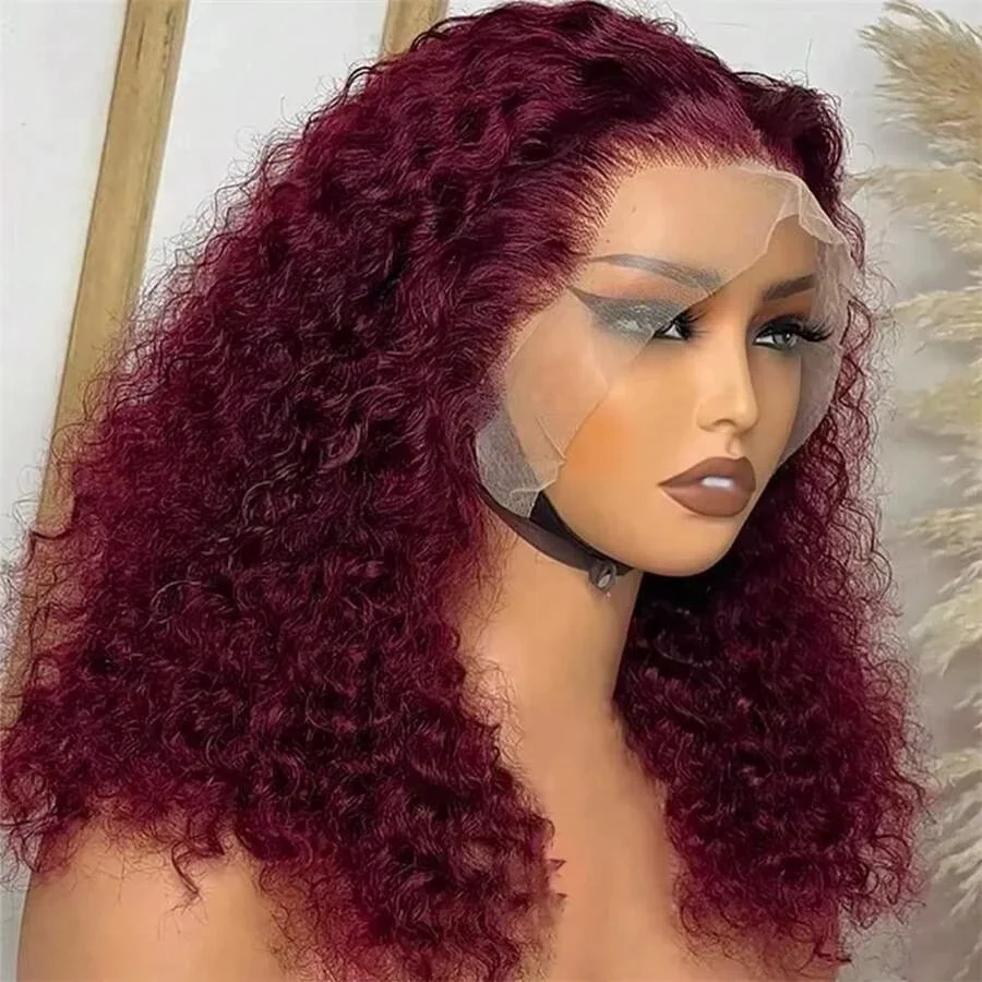 200% Burgundy 99J Short Curly Bob Wig 13x4 Transparent Lace Frontal Human Hair 8-18 Inches Wine Red Pre Plucked With Baby Hair