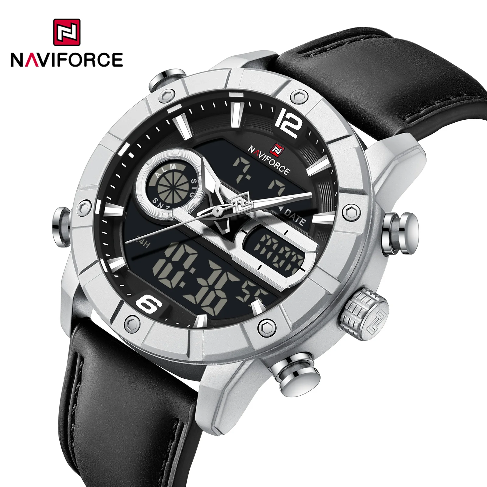 

Naviforce 9263 Double Time Zones Watches For Men Casual Sport Alarm Quartz Digital Wristwatch Leather Waterproof Digital Clock