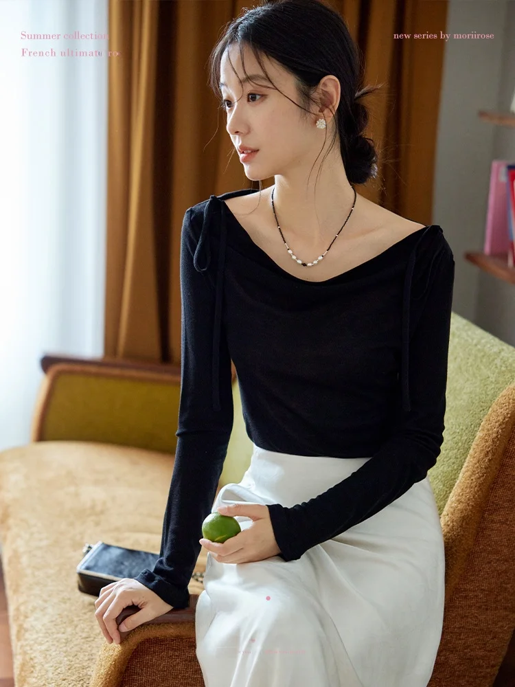 

Moriirose Women's Long Sve T-irt Silk Wool Blend Vintage Netie Design Pink Bla Autumn Top Slim Fit Commute Sle