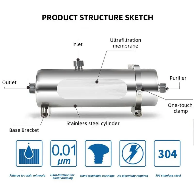EIREE-filtro de agua de ultrafiltración de acero inoxidable para el hogar, 1000L, 0,01 μm, sin electricidad, purificador de agua de bebida directa para el hogar