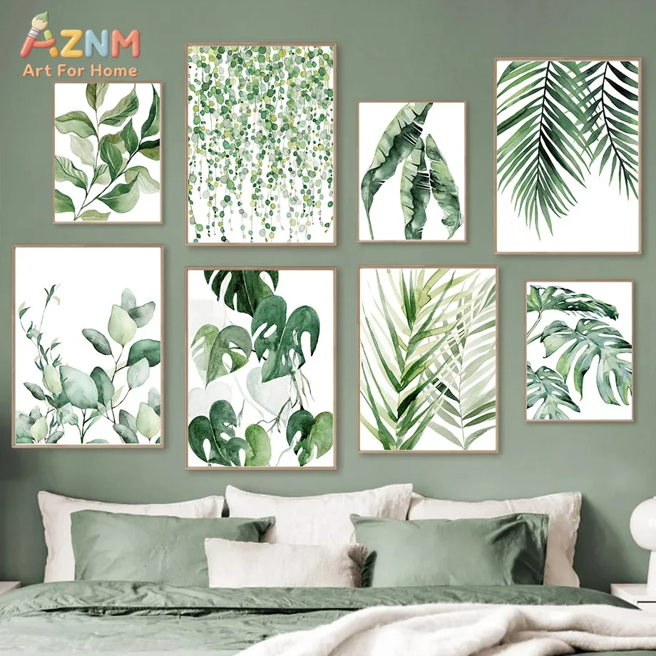 AZNM Watercolor Green Tropical Plant Leaf Canvas Poster, Frameless Fresh Botanical Wall Art For Living Room Minimalist Indoor Ho