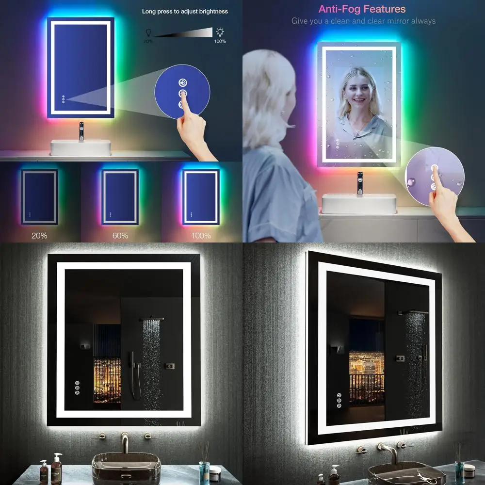 Espejo de baño iluminado por LED, 28x32, antivaho, retroiluminado RGB, regulable, luz frontal, espejo de tocador de pared con función de memoria