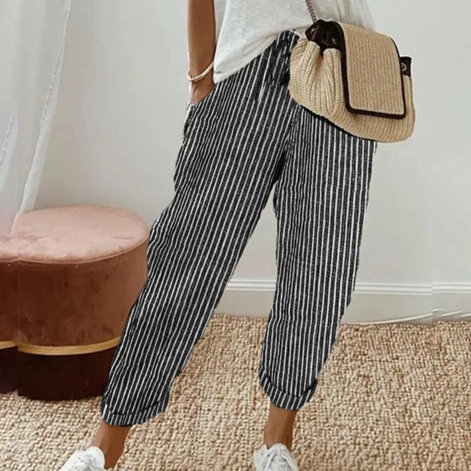 Women'S Loose Cotton And Linen Casual Pants Drawstring Elastic Waist Striped Contrast Color Trousers Summer Comfy Streetwear