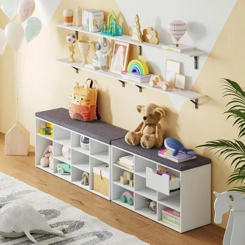 LVJ Shoe Storage Bench with Cushion, Cubby Shoe Rack with 12 Cubbies, Adjustable Shelves, Multifunctional Shoe Organizer
