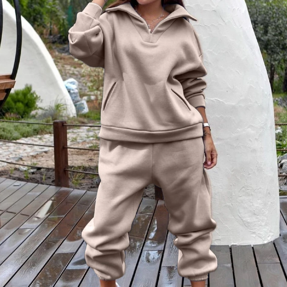 Women Tracksuit Set Plus Fleece Sweatshirts Two Piece Set Autumn Winter Casual Oversized Solid Female Sports Suit Long Pant