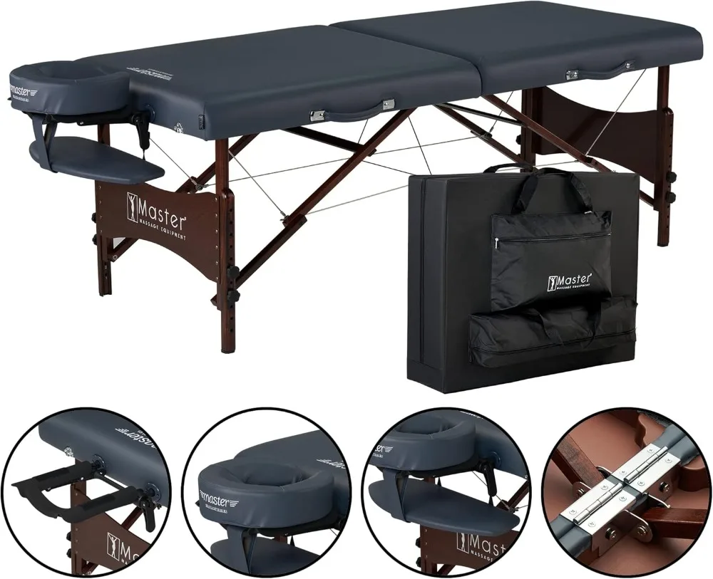 Master Massage Newport Portable Massage Table Package with Denser 2.5" Cushion, Walnut Stained Hardwood, Steel Support Cables