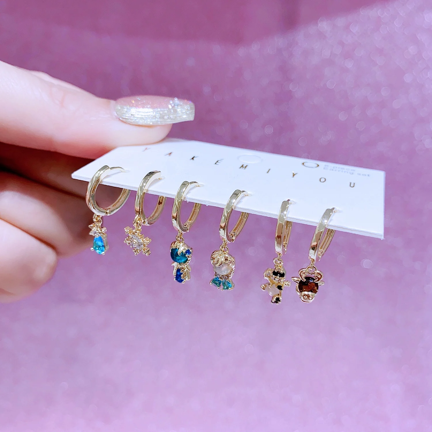 MIGGA 6pcs Fairy Tales Frozen Princess Dangle Earrings Set Gold Plated Huggie Earrings Women Jewelry