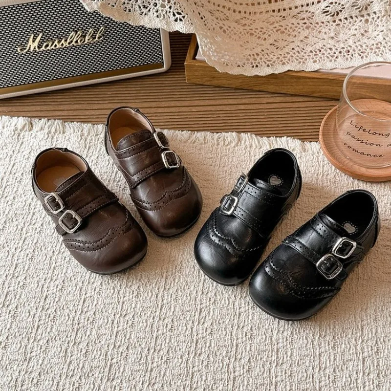Leather Shoes for Girls 2026 New Autumn Toddler Dress Shoes with Double Buckle Simple Retro Kids Mary Jane Flats 23-34