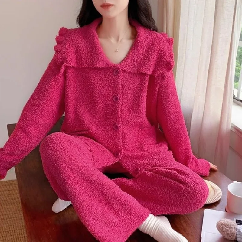 Korean Version Pajama Female Sweet Lovely Princess Rose Red Cardigan Loungewear Spring and Autumn Coral Fleece Long-sleeved Suit