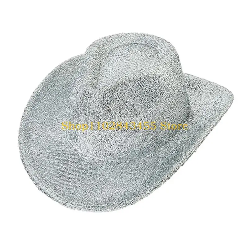49MC Cowboy Hats for Womens Solid Color Giltter Trim Wide Brim Style Female Cap Metalic Disco CowgirlHat Cosplay