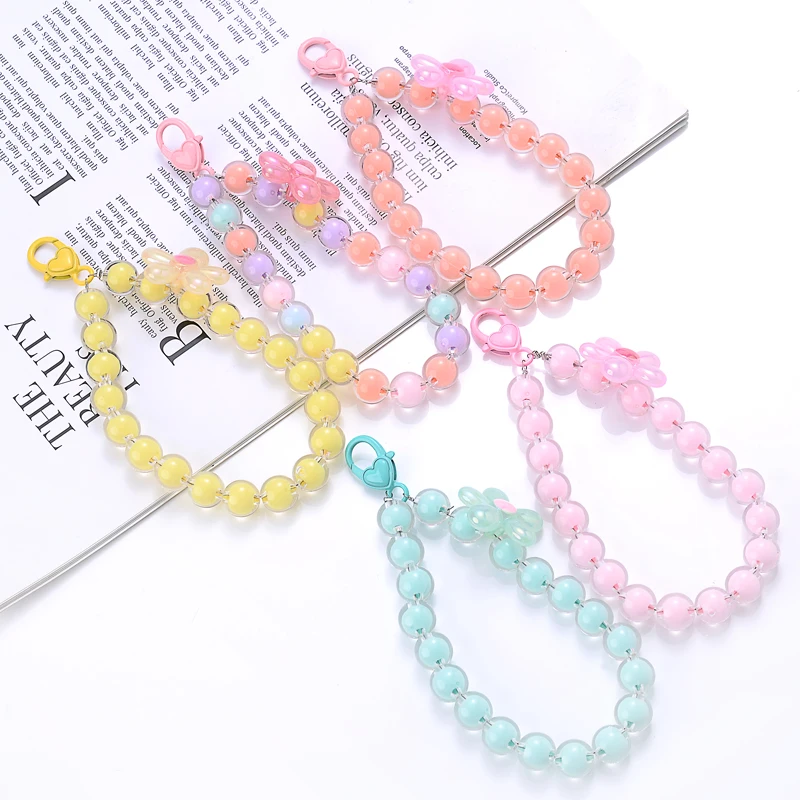 Charm Color Acrylic Mobile Phone Chain Lanyard Fahion Flowers Pendant Sweet Cellphone Chains Anti-Lost Women Jewelry Accessories