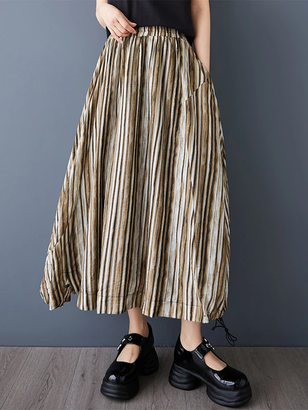 

Утягивающая полосатая дизайнерская повседневная юбка-миди трапециевидной формы с высокой талией и эластичной веревкой для женщин, летняя юбка свободного покроя