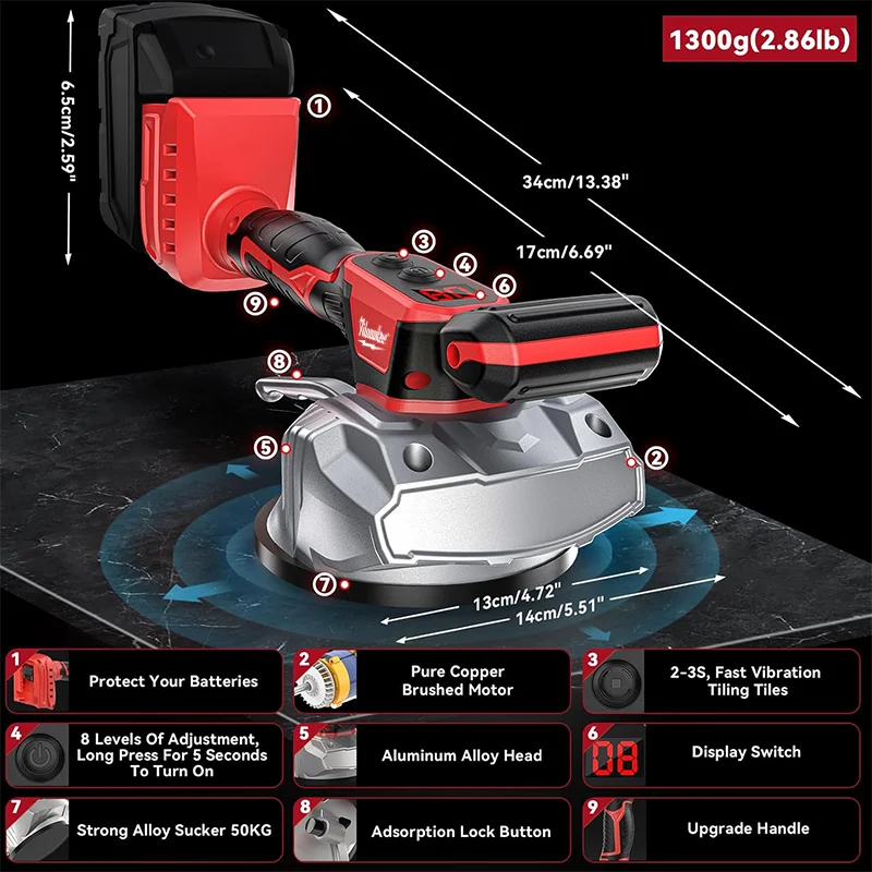Milwaukee вибрационный выравнивающий станок для плитки, вибратор для плитки, 8 регулируемых скоростей, цифровой дисплей, аккумулятор 18 В для Milwaukee