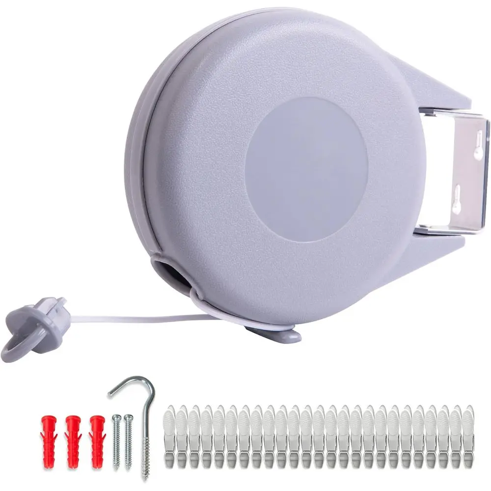 Outdoor/Indoor Retractable Clothesline - 49ft Heavy Duty Wall Mount Laundry Line with 24 Reusable Pegs, Grey