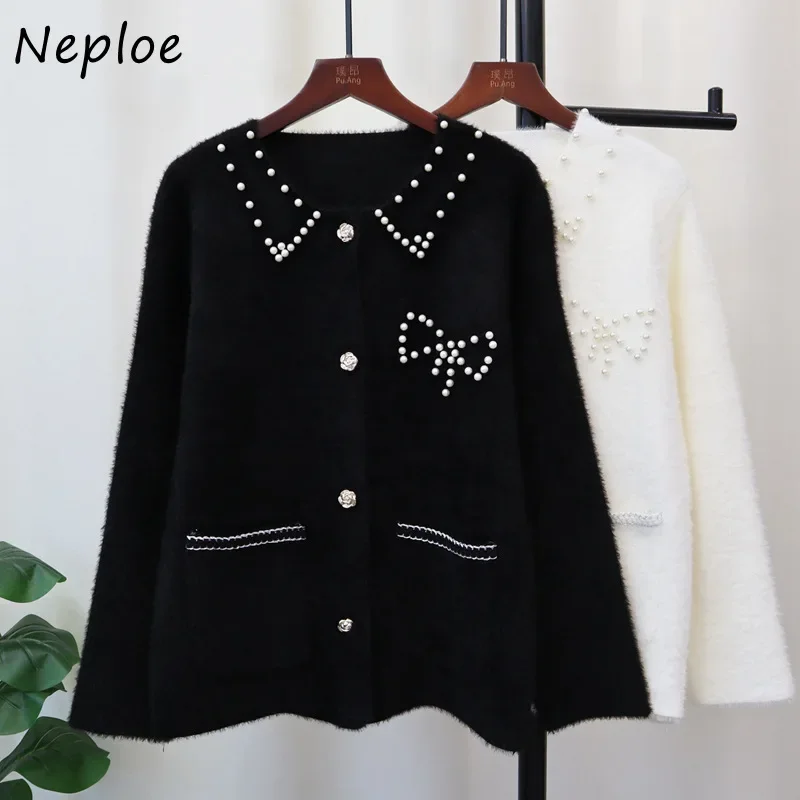 Neploe Heavy Industry Nail Bead Imitation Mink Fur Knitted Cardigan 2024 Autumn Winter Gentle Elegant Soft Sticky Sweater Coats