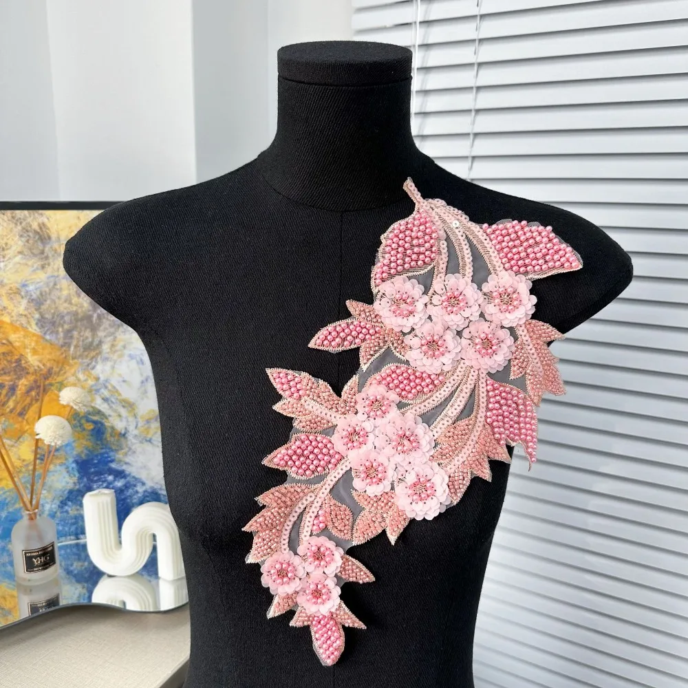 Handmade Sequin Bead Red Large Flower Cloth Stickers Exquisite Embroidery Clothing Dresses Bags Shoes Hats Decoration