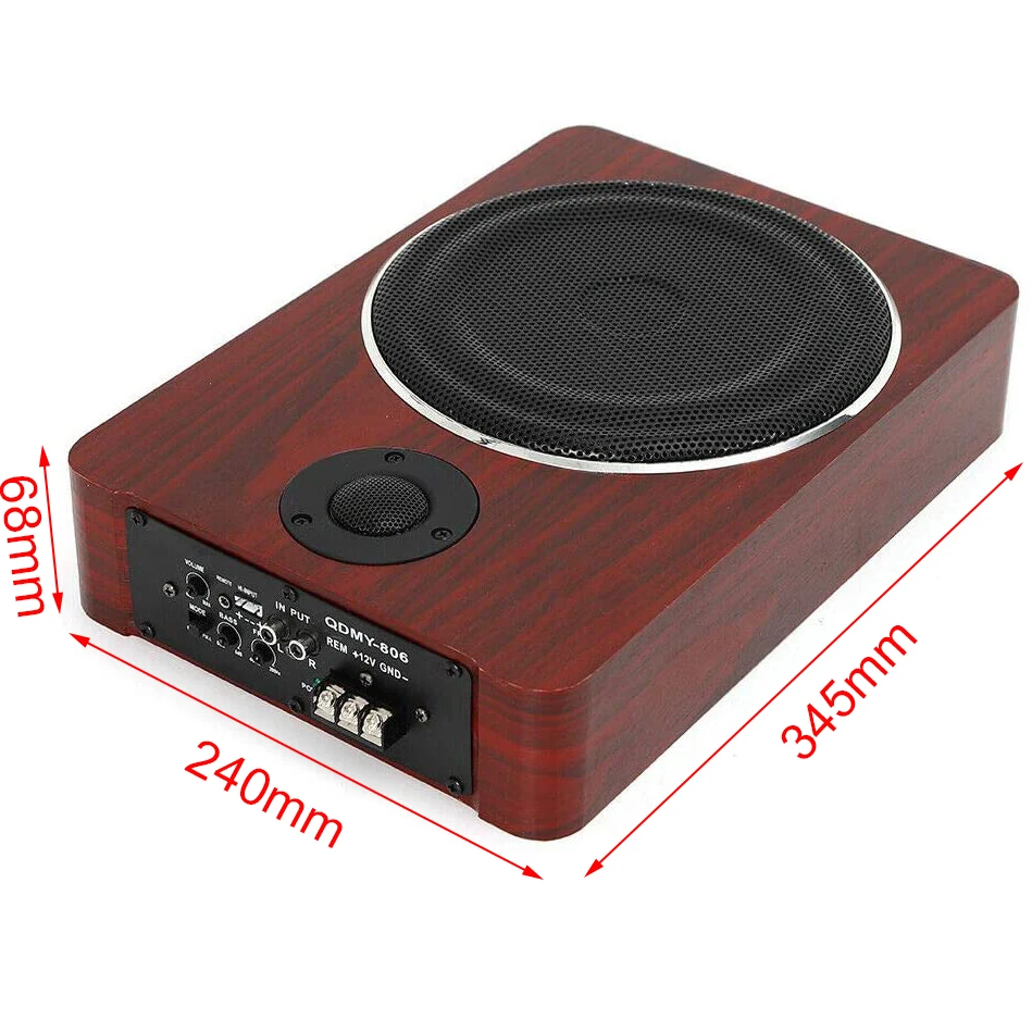 8" Under-Seat Powered Car Subwoofer Active Hideaway Car Truck Wood Subwoofer Amplifier Bass HiFi Slim Speaker 600W 12V