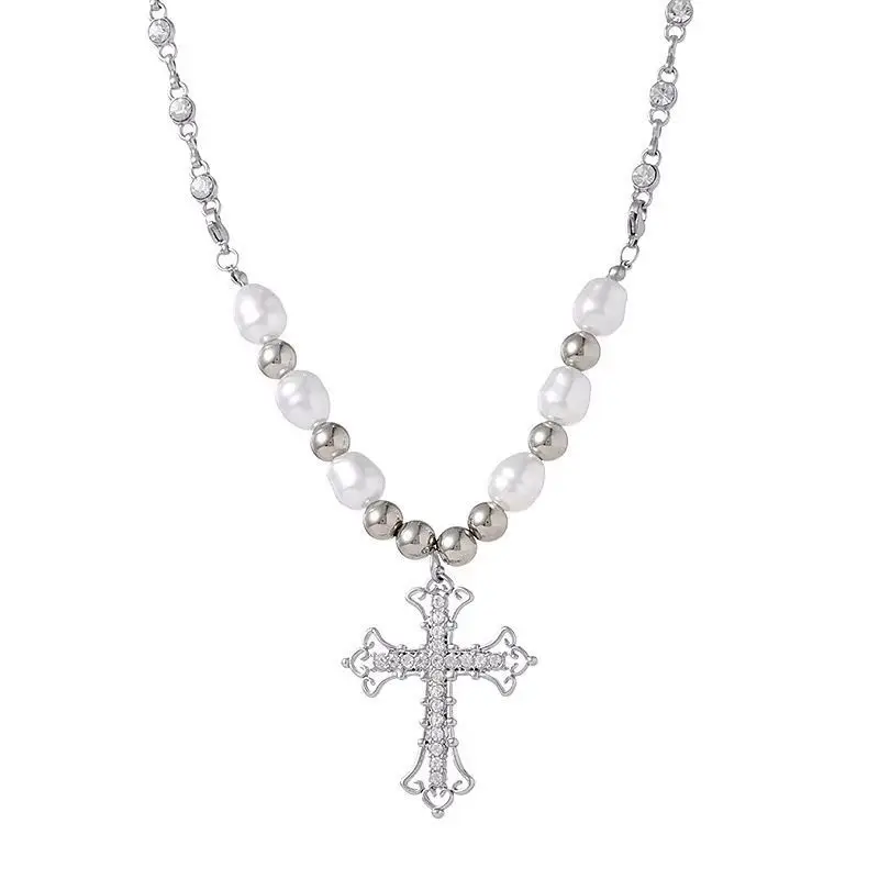 Y2K Pearl Cross Pendant Necklace Women Punk Retro Women Religious Zircon Chain Necklaces Girls Hip Hop Party Trendy Jewelry Gift