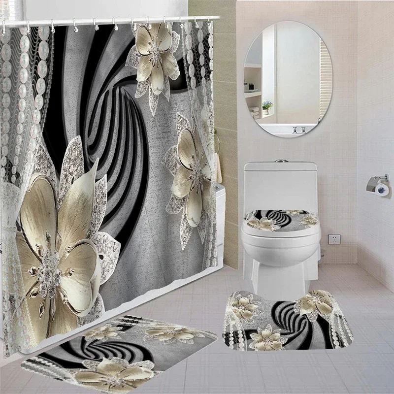 Waterproof Shower Curtain Set with 12 Hooks Toilet Covers Seat Bath Mats for Bathroom non-slip Rug carpet Curtain for Windows