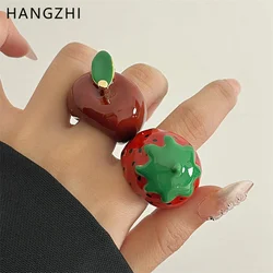 HanZhi Vintage Red Enamel Drip Oil Apple Strawberry Large Ring Cute Sweet Delicate Chunky Y2K Jewelry New Design for Women ﻿