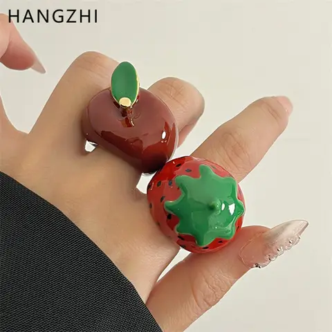 HanZhi Vintage esmalte rojo goteo aceite manzana fresa anillo grande lindo dulce delicado grueso Y2K joyería nuevo diseño para mujeres ﻿