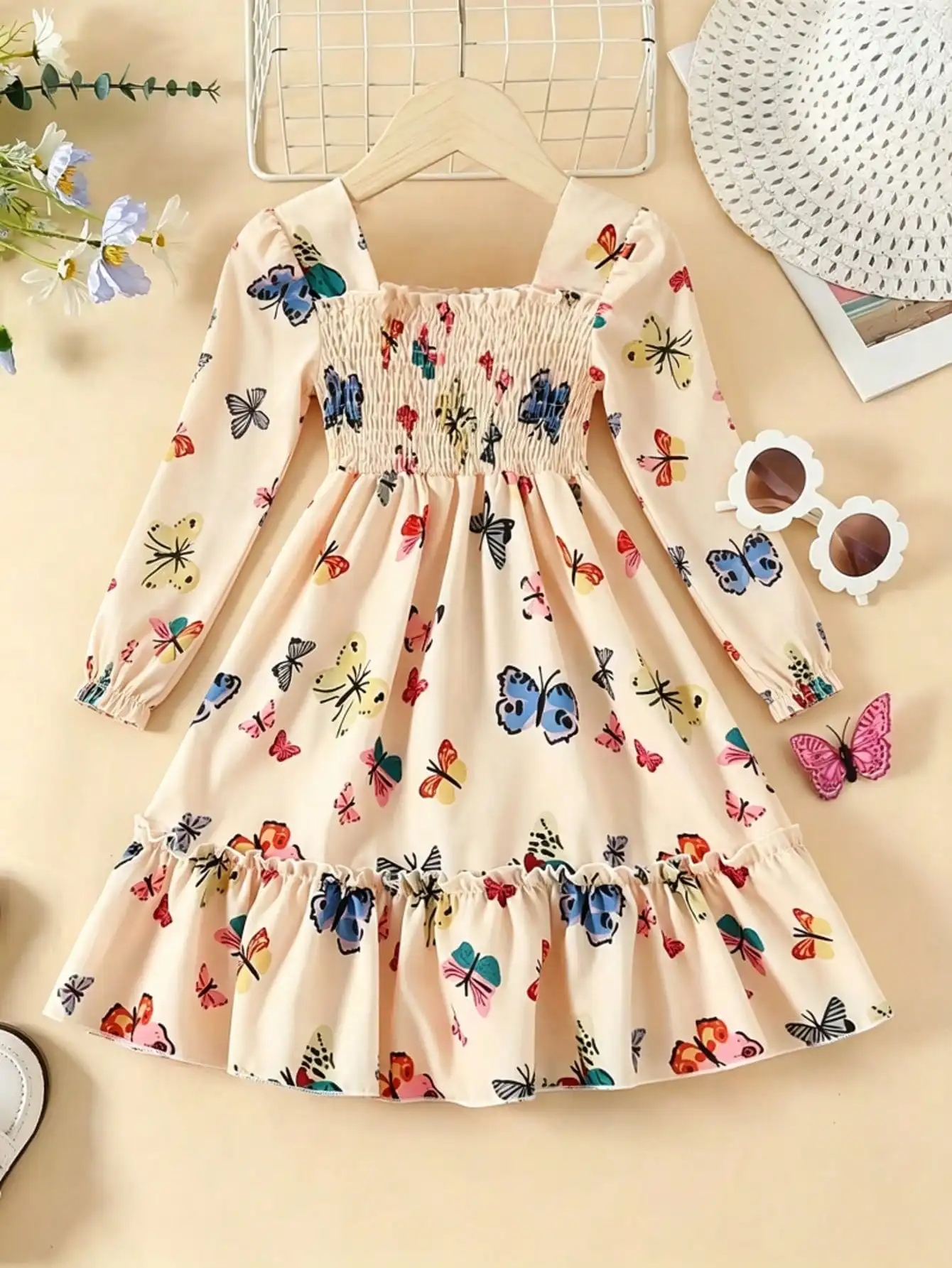Girls' Autumn Square Collar Long Sleeve Dress Waist Cinched Butterfly Print Mid-Length Skirt Children's Clothing