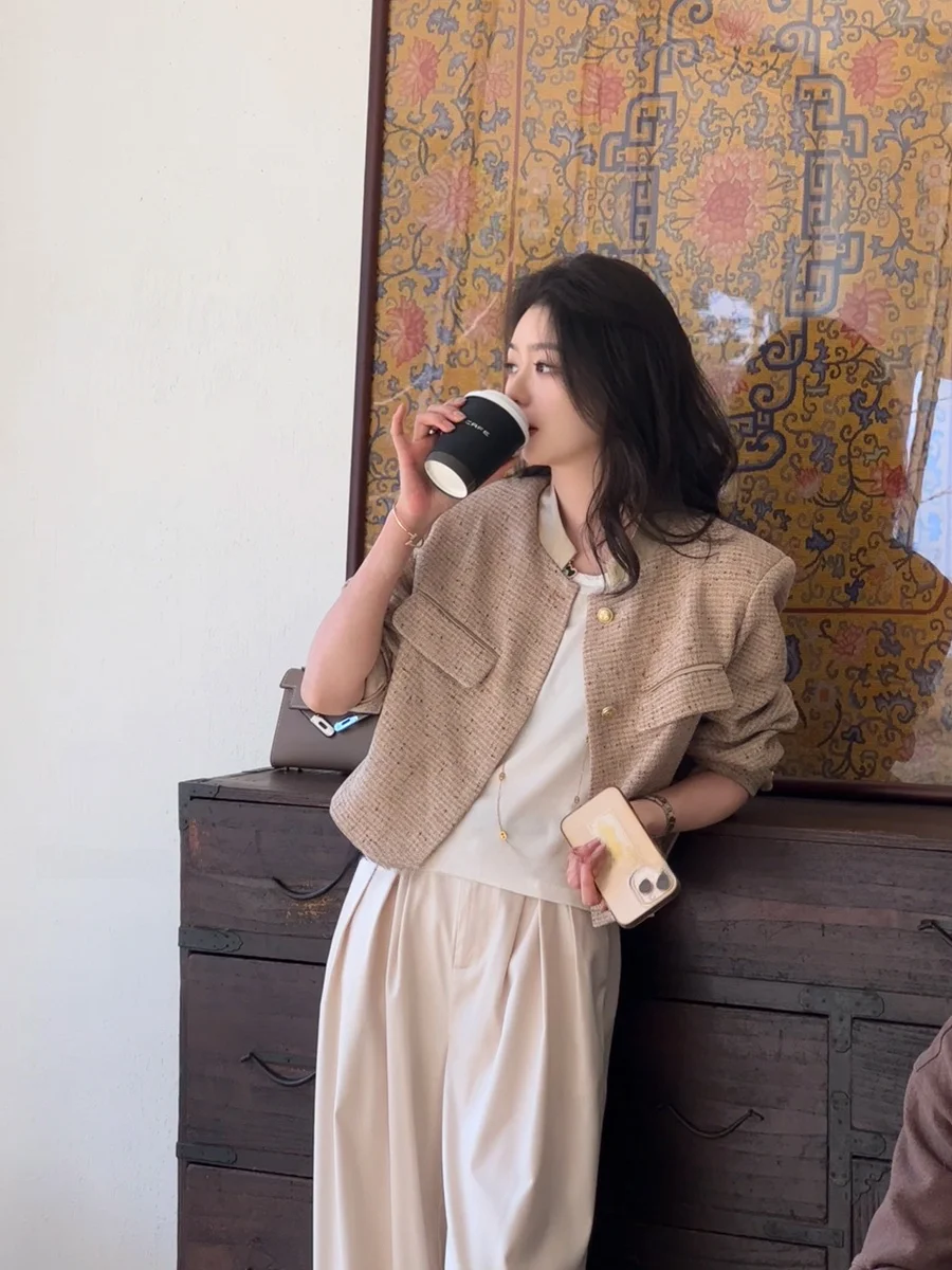 

Lin Ziqiu Frosted Gold Years ort Satin Weave Silk Tead Little Fraance Jaet Straight Cut Commute Sle Long Sve