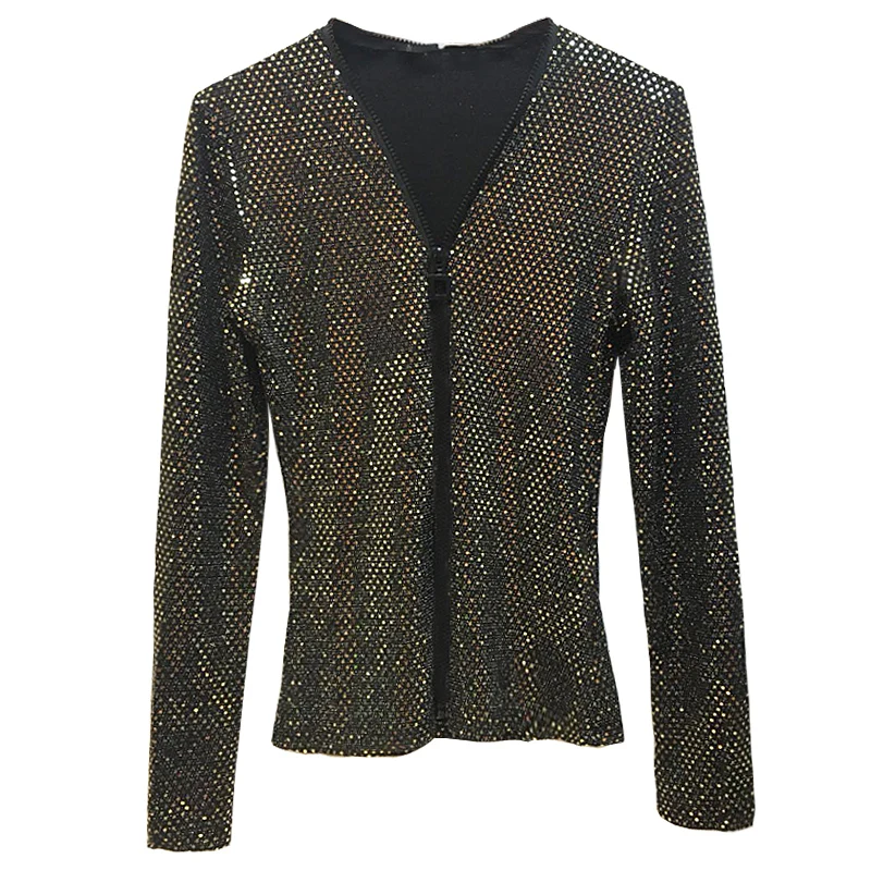 

Spring V-Ne Zipper Slim Fit Top Sexy Sequin Long Sve Base irt Thin Cardigan Women's Faion Polyester ort Coat